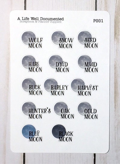 Pagan Name Full moon Planner Stickers for Pagan or Wiccan Planners and Grimoires
