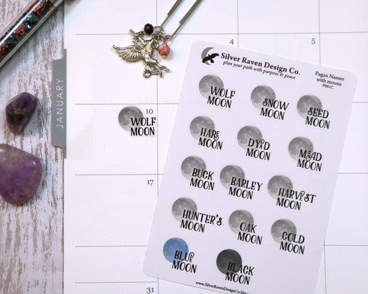 Pagan Name Full moon Planner Stickers for Pagan or Wiccan Planners and Grimoires