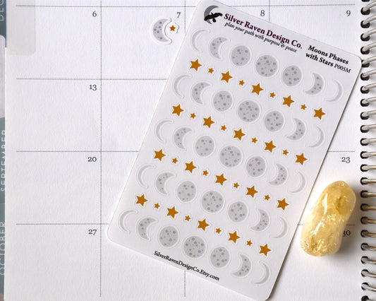 Moon Phase Tracker with stars for pagan and wiccan planners & grimoires